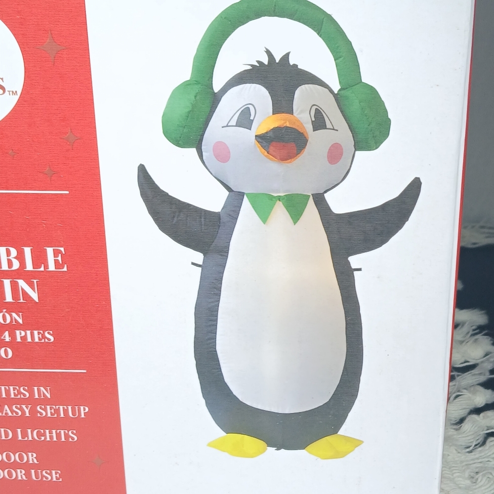 4 Foot Christmas Inflatable Light Up Penguin Headphones Indoor Outdoor Decor